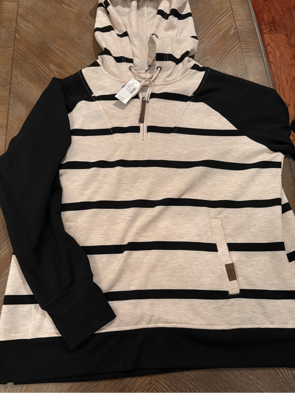 Women Hooded Stripe Pullover Sweater - Black & Cream